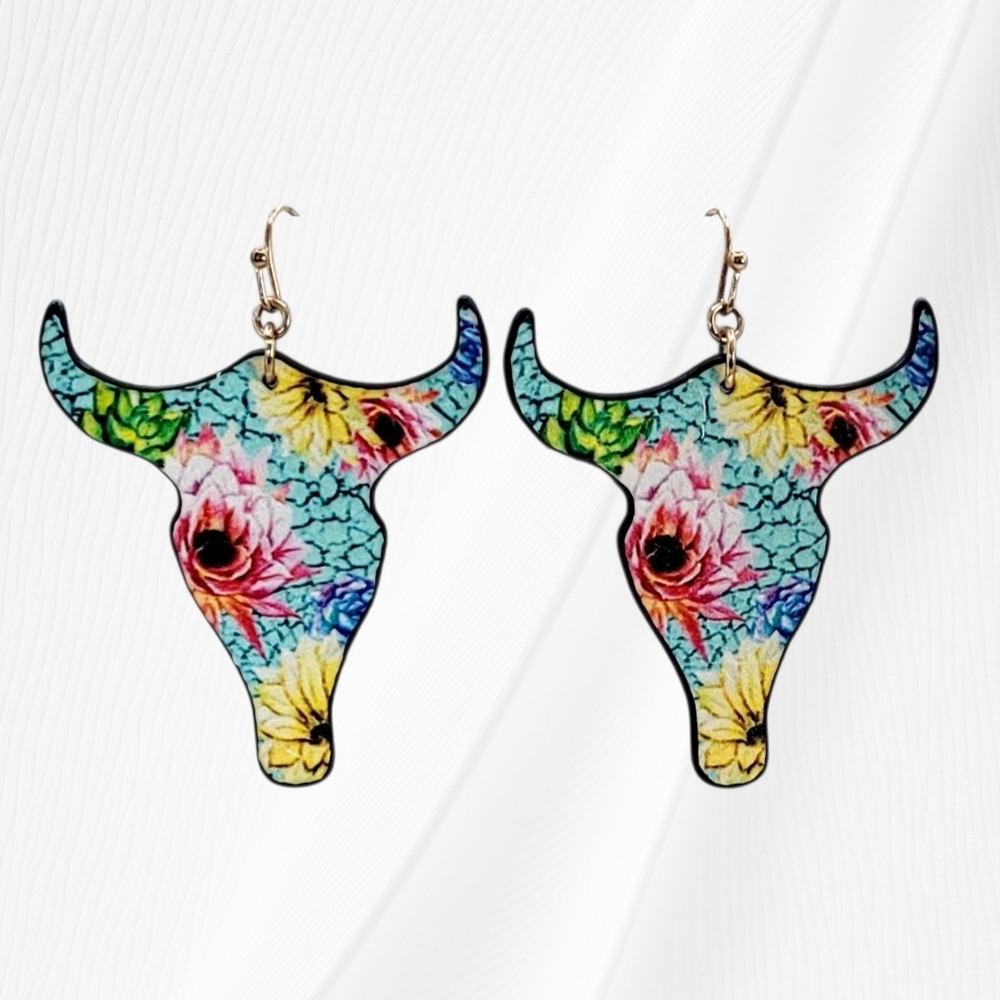 Colorful Western Steer Head Earrings On Faux Leather New - Picture 3 of 4